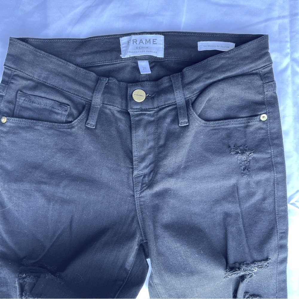 FRAME Denim Le Skinny de Jeanne Jeans in Jefferson Noir Women 25 Distressed Leg - Picture 4 of 12